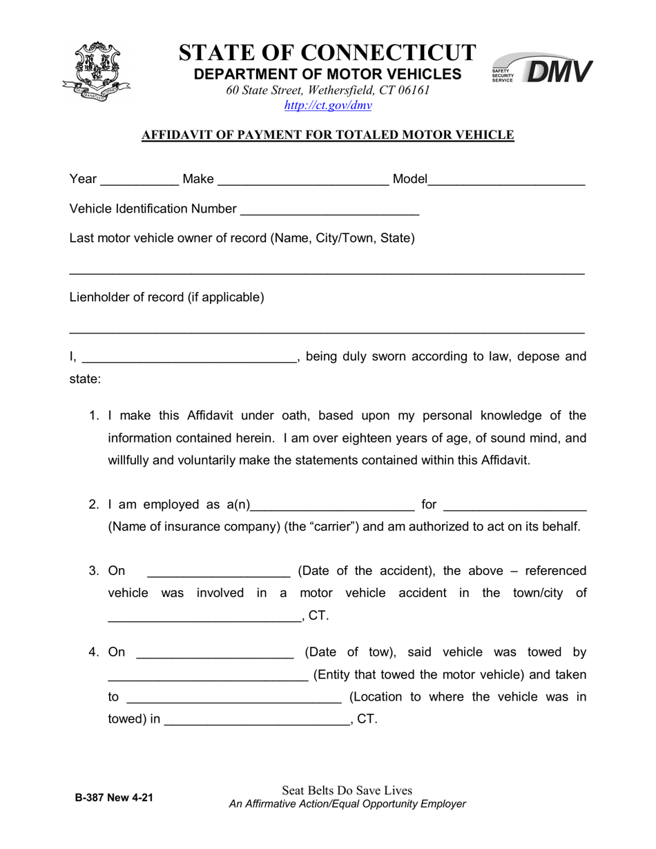 Form B-387 Affidavit of Payment for Totaled Motor Vehicle - Connecticut, Page 1