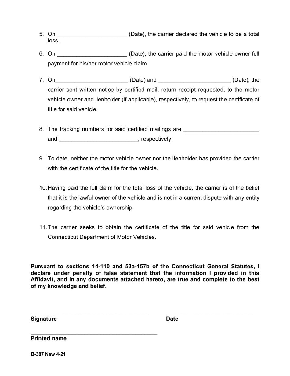 Form B-387 Affidavit of Payment for Totaled Motor Vehicle - Connecticut, Page 2