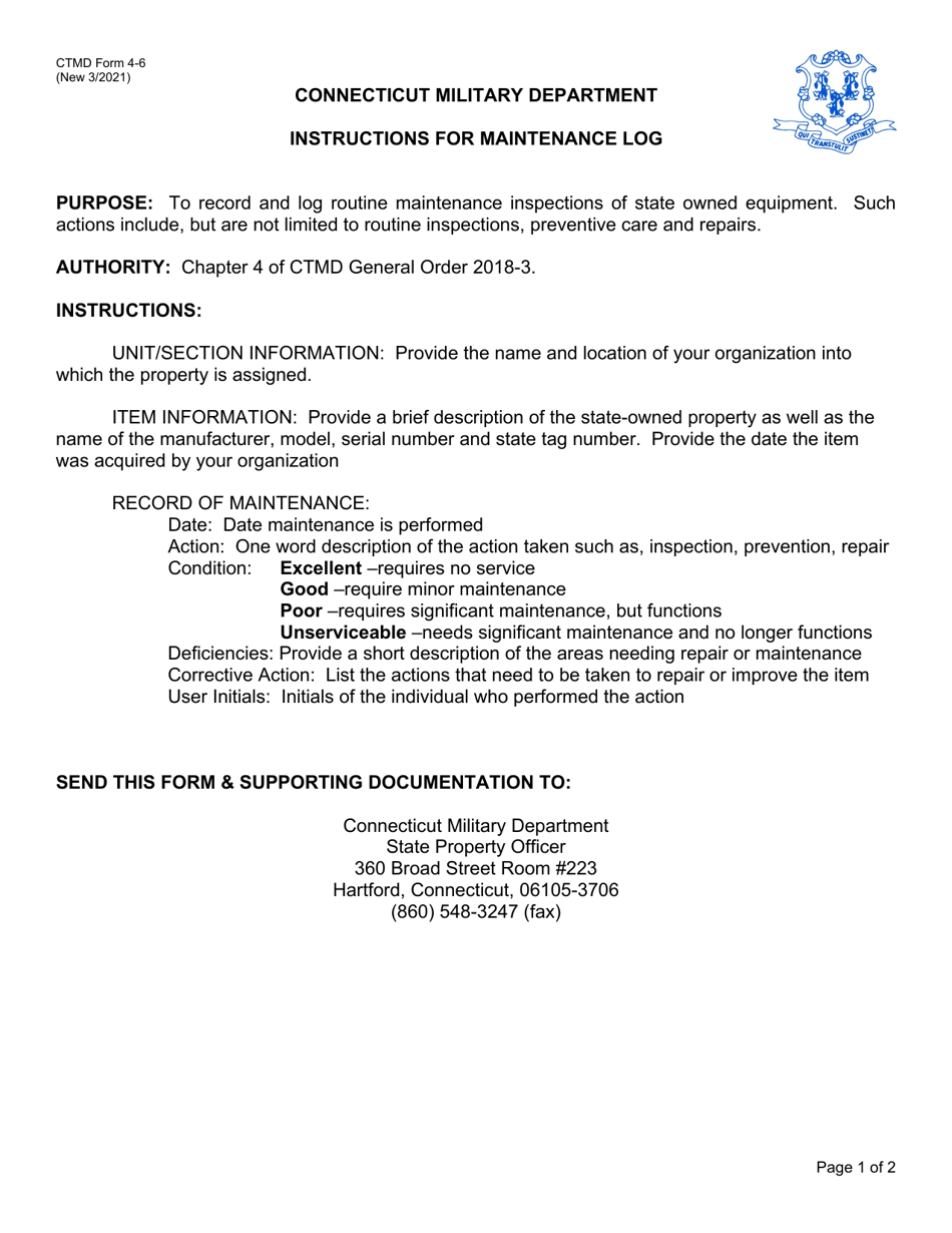 CTMD Form 4-6 Maintenance Log - Connecticut, Page 1