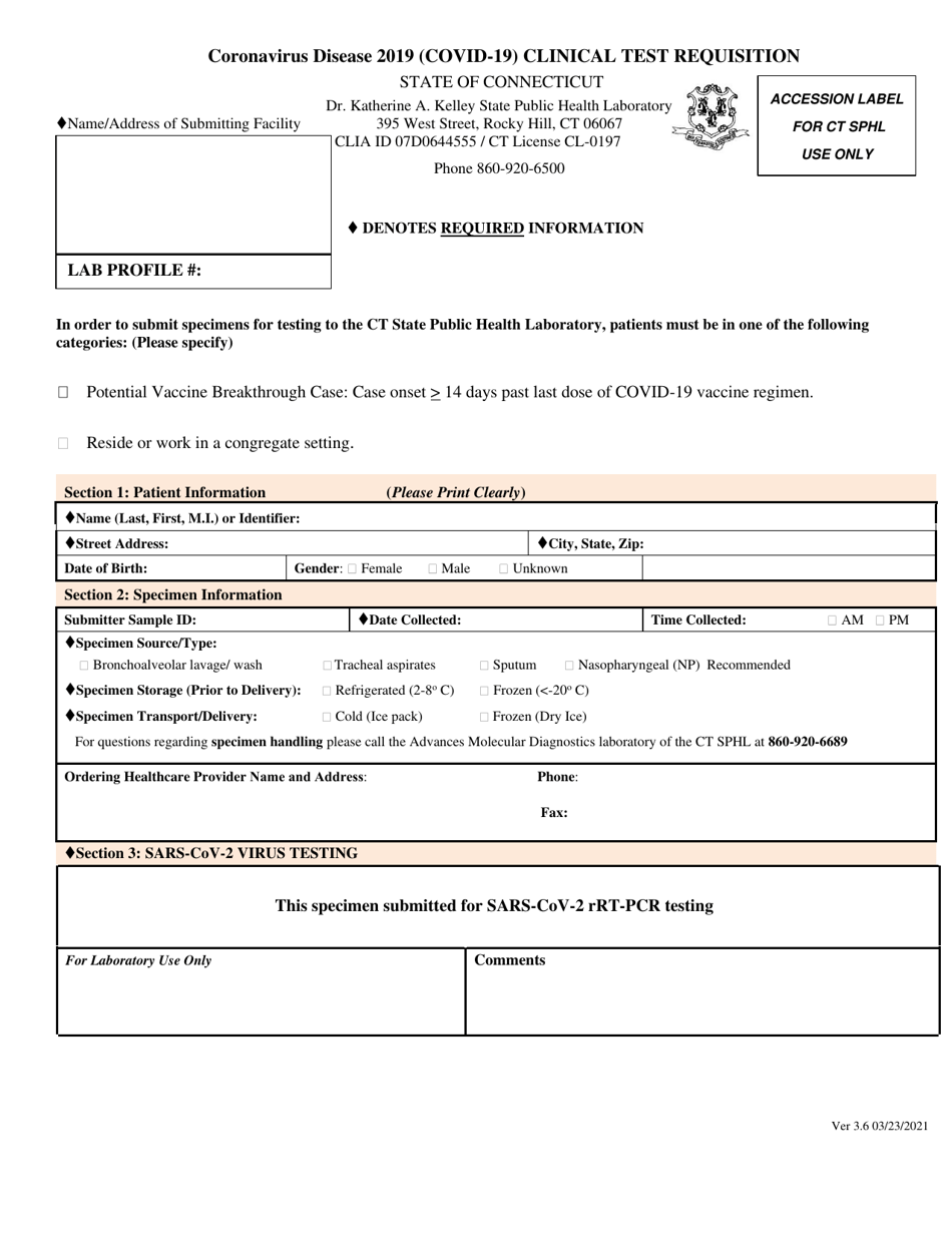 Coronavirus Disease 2019 (Covid-19) Clinical Test Requisition - Connecticut, Page 1
