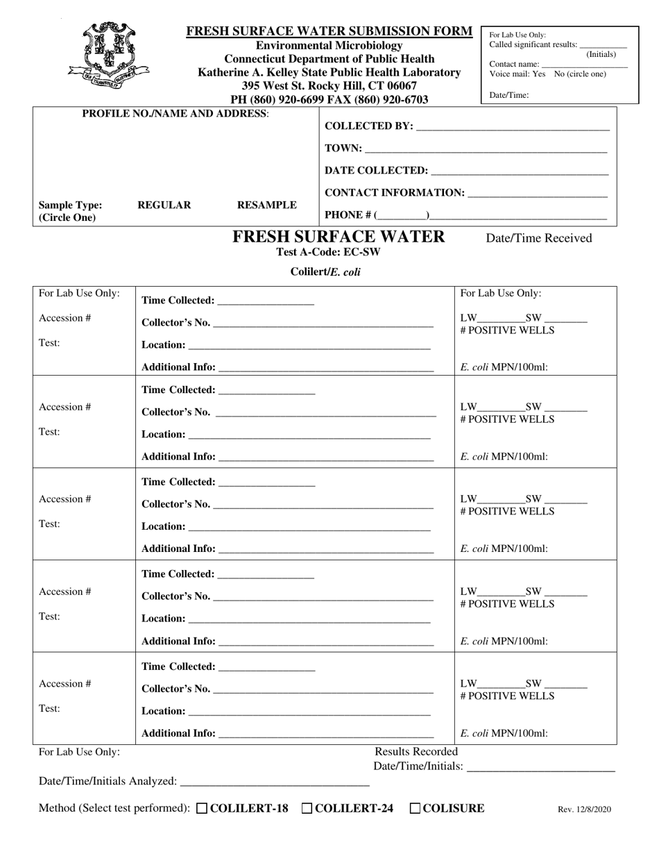 Environmental Microbiology Fresh Surface Water Submission Form - Connecticut, Page 1