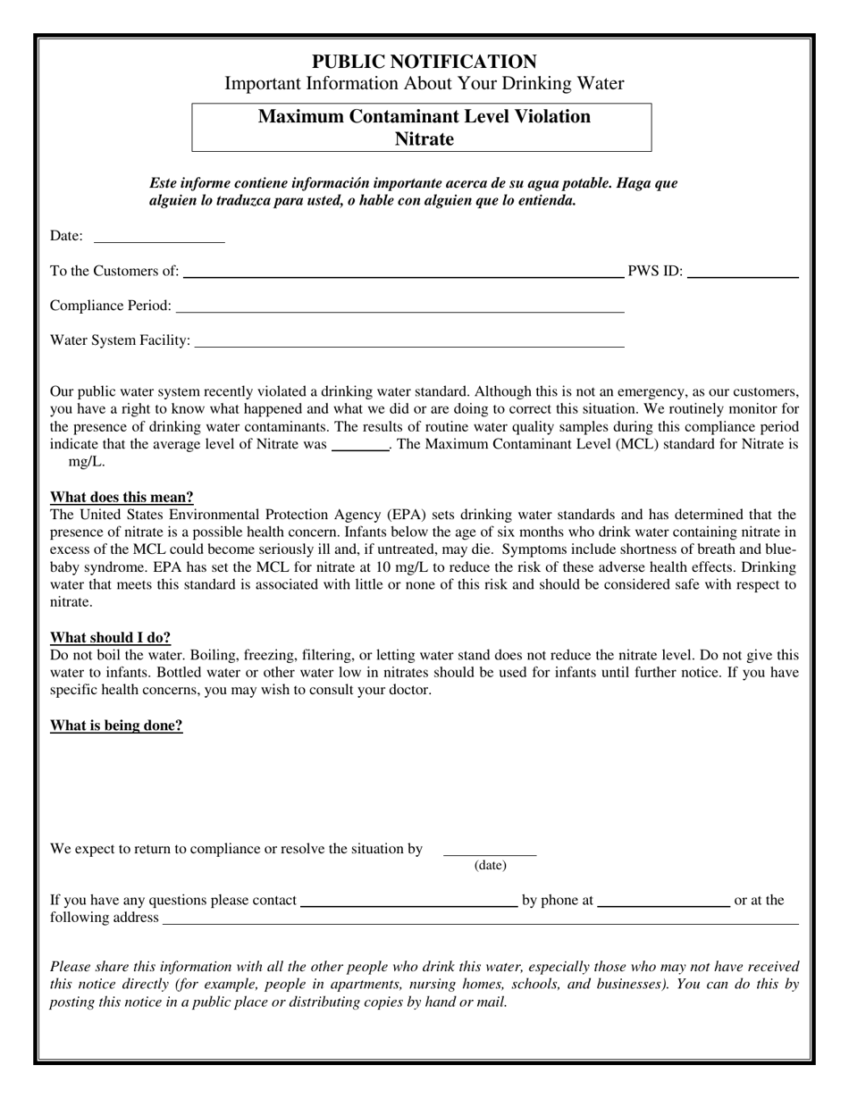 Certification of Compliance Public Notification - Maximum Contaminant Level (Mcl) Violation for Nitrate - Connecticut, Page 2