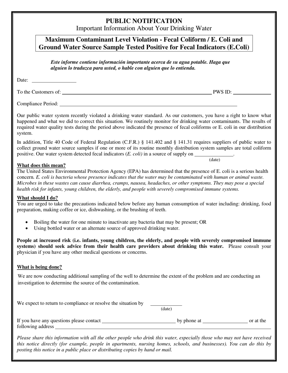 Certification of Compliance Public Notification - Acute Total Coliform (E.coli. / Fecal Coliform) Mcl Violation and Ground Water Source Sample Tested Positive for Fecal Indicators (E.coli) - Connecticut, Page 2