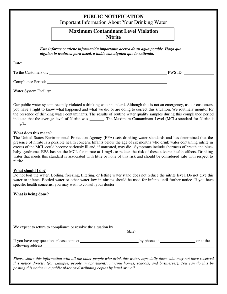 Certification of Compliance Public Notification - Maximum Contaminant Level (Mcl) Violation for Nitrite - Connecticut, Page 2