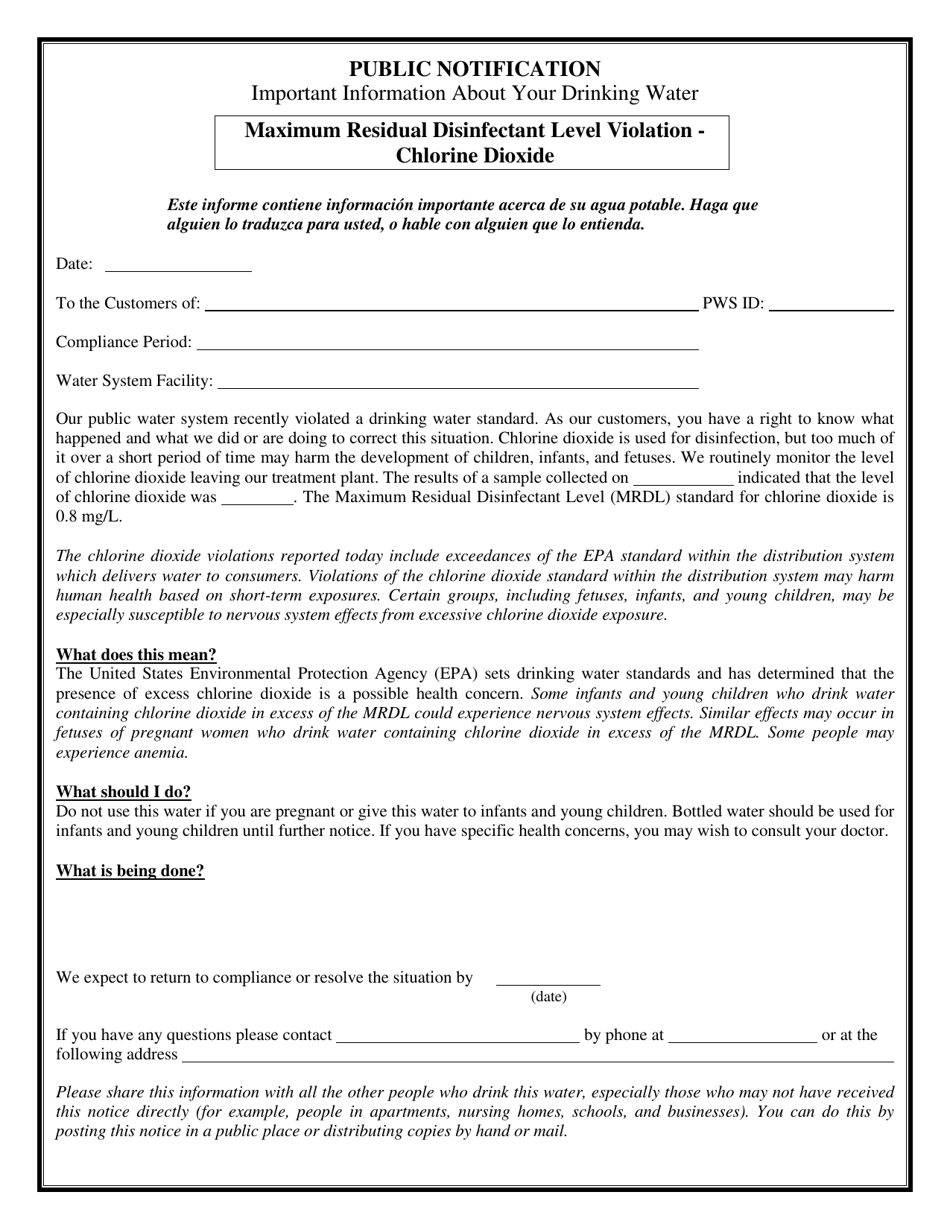 Certification of Compliance Public Notification - Tier 1 Maximum Residual Disinfectant Level (Mrdl) Violation for Chlorine Dioxide - Connecticut, Page 2
