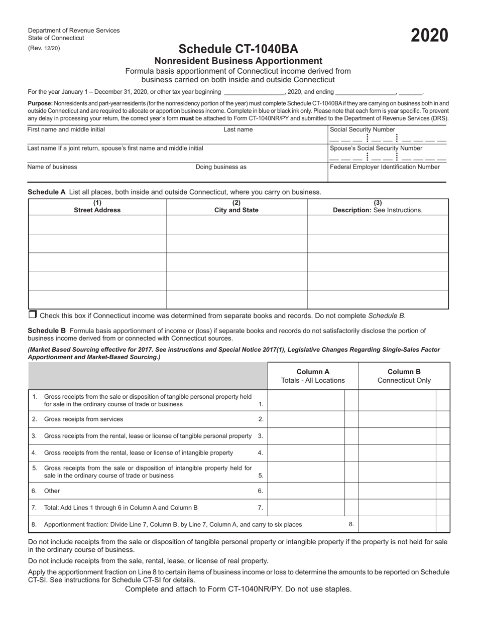Schedule CT-1040BA Nonresident Business Apportionment - Connecticut, Page 1