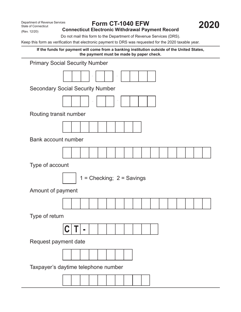 Form CT-1040 EFW Connecticut Electronic Withdrawal Payment Record - Connecticut, Page 1