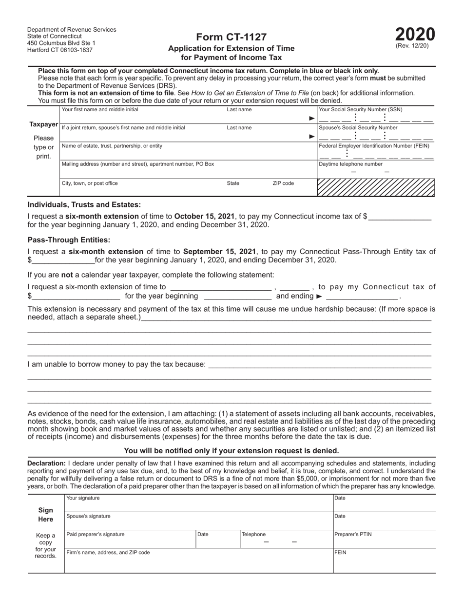 Form CT-1127 Application for Extension of Time for Payment of Income Tax - Connecticut, Page 1