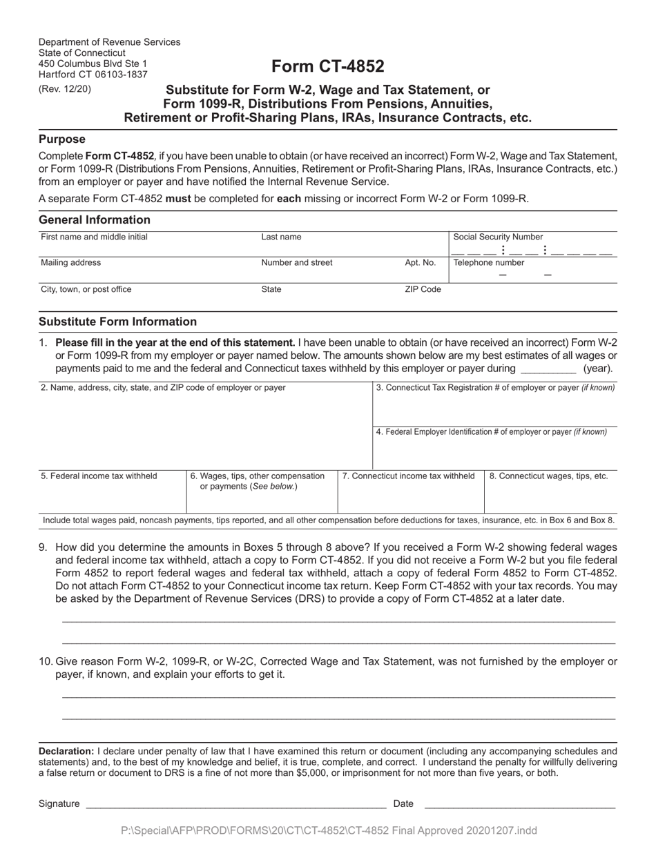 Form CT-4852 Substitute for Form W-2, Wage and Tax Statement, or Form 1099-r, Distributions From Pensions, Annuities, Retirement or Profit-Sharing Plans, IRAs, Insurance Contracts, Etc. - Connecticut, Page 1