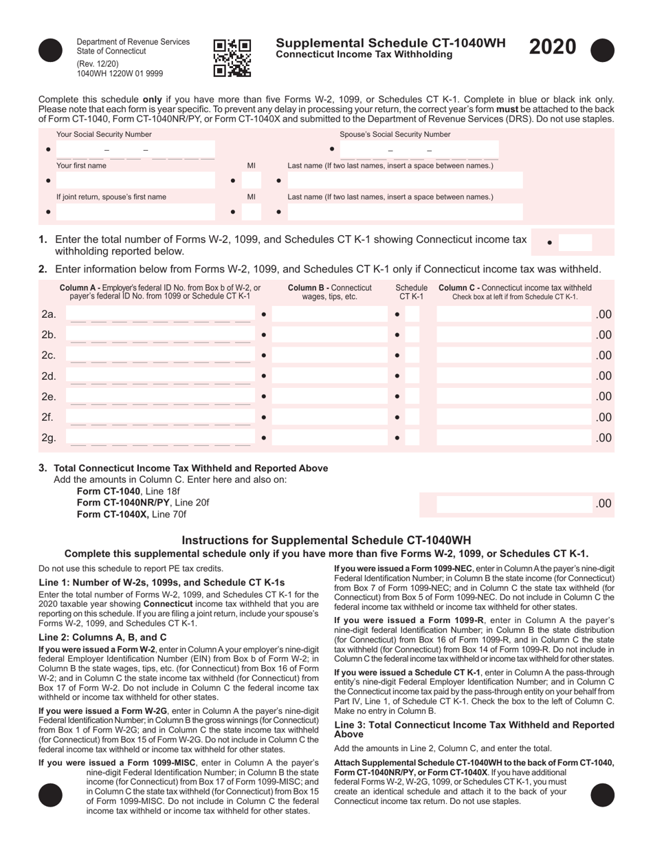 Schedule CT-1040WH Connecticut Income Tax Withholding Supplemental Schedule - Connecticut, Page 1