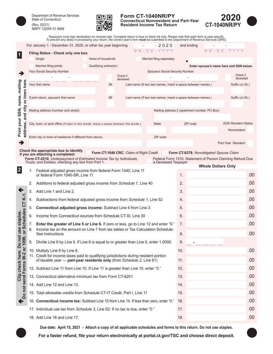 Form CT-1040NR / PY Connecticut Nonresident and Part-Year Resident Income Tax Return - Connecticut, Page 1