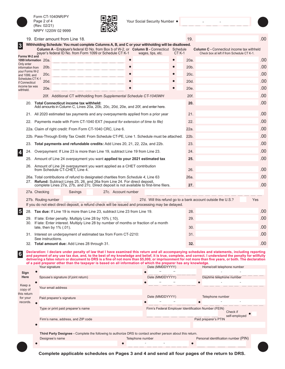 Form CT-1040NR / PY Connecticut Nonresident and Part-Year Resident Income Tax Return - Connecticut, Page 2