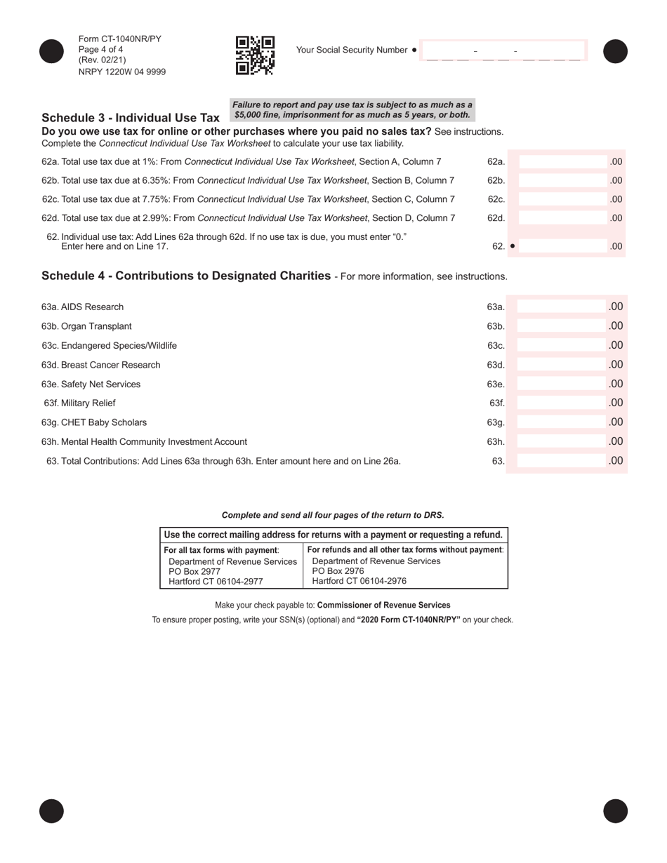 Form CT-1040NR / PY Connecticut Nonresident and Part-Year Resident Income Tax Return - Connecticut, Page 4
