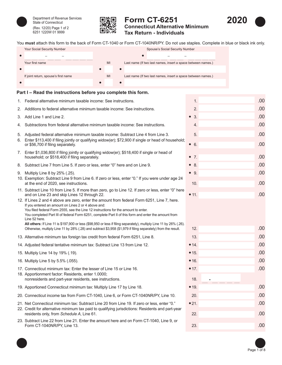 Form CT-6251 Connecticut Alternative Minimum Tax Return - Individuals - Connecticut, Page 1