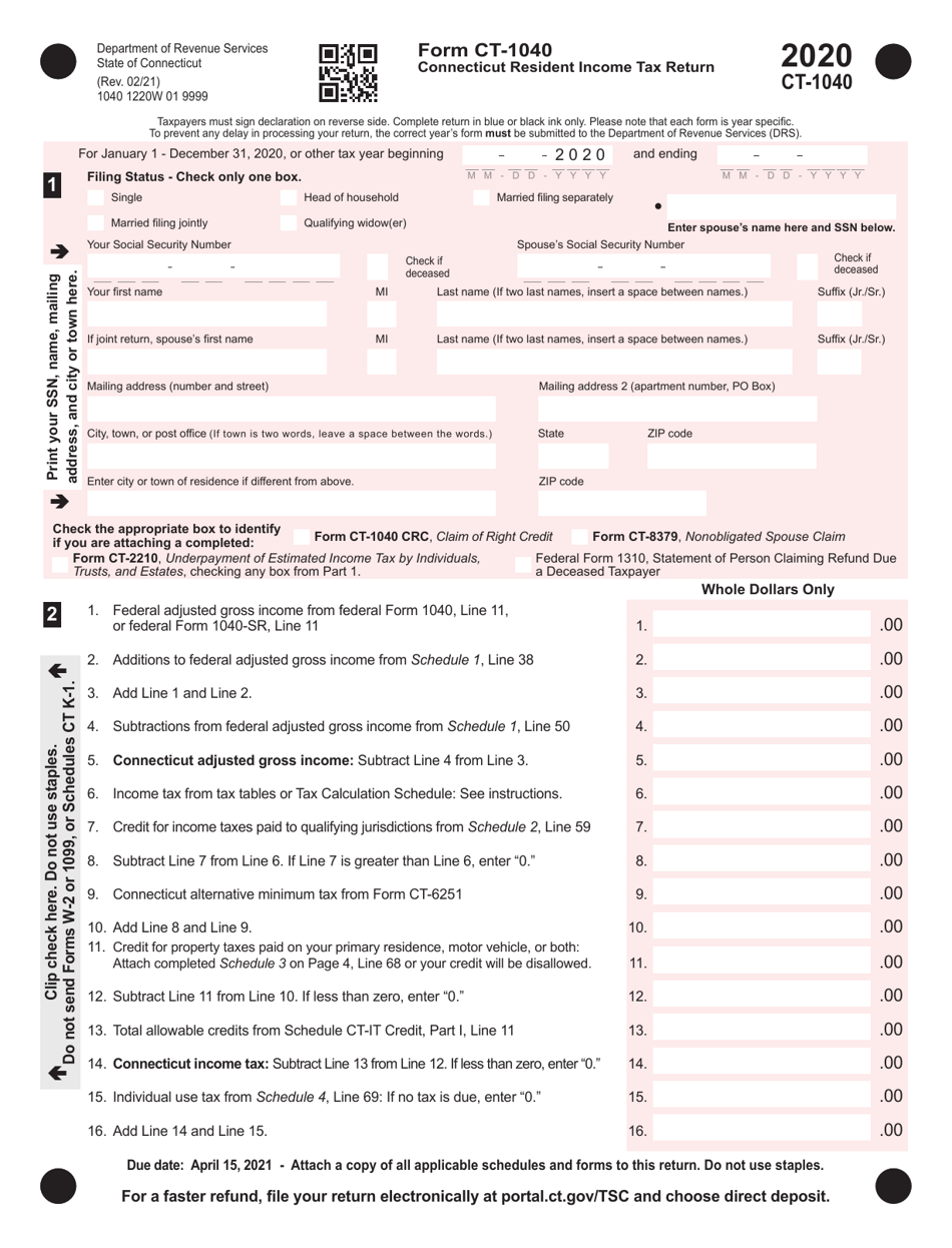 Form CT-1040 Connecticut Resident Income Tax Return - Connecticut, Page 1