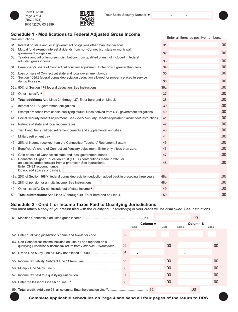 Form CT-1040 Connecticut Resident Income Tax Return - Connecticut, Page 3
