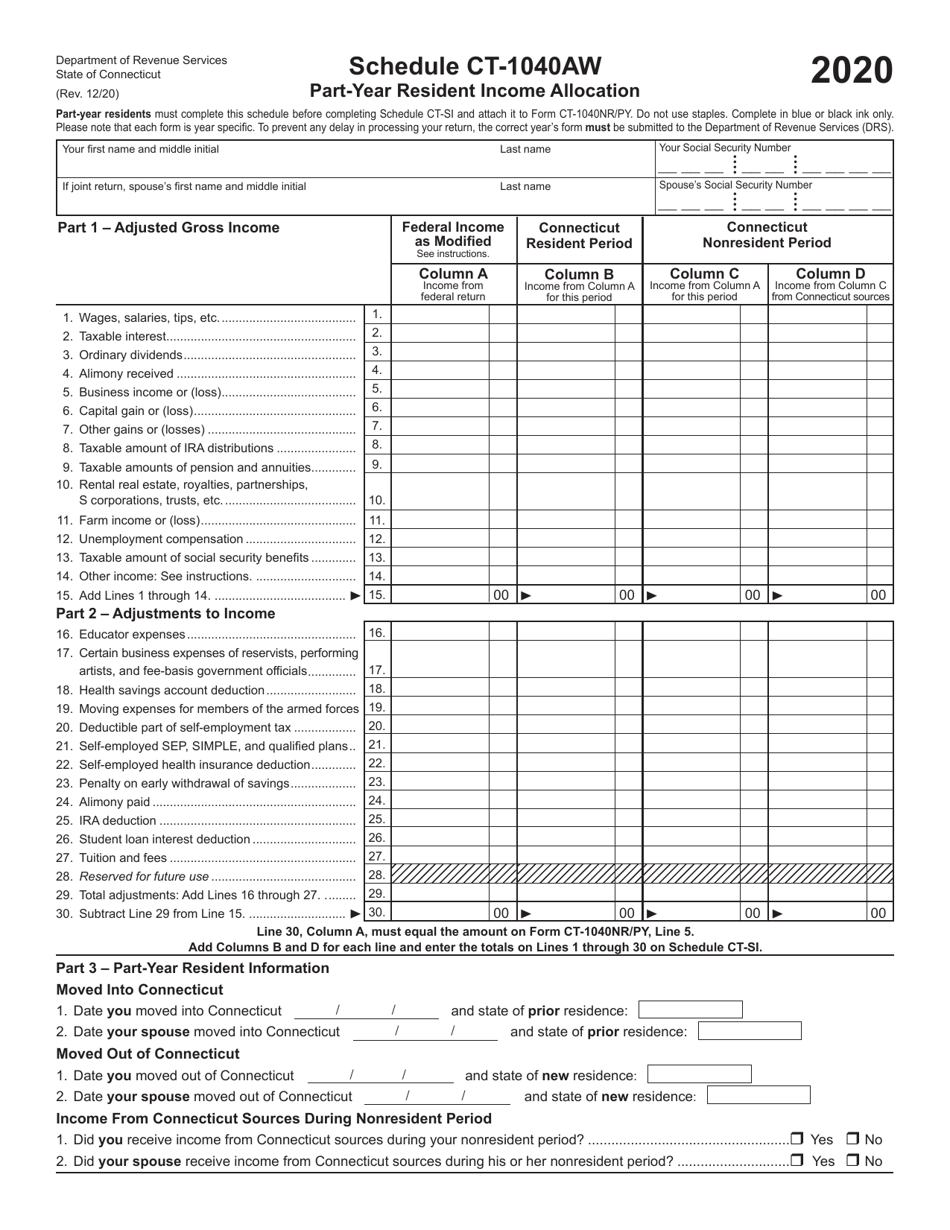 Schedule CT-1040AW Part-Year Resident Income Allocation - Connecticut, Page 1
