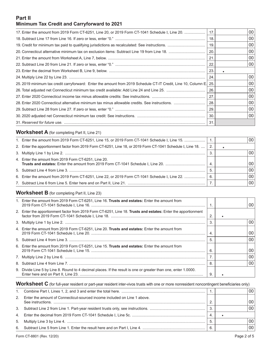 Form CT-8801 Credit for Prior Year Connecticut Minimum Tax for Individuals, Trusts, and Estates - Connecticut, Page 2