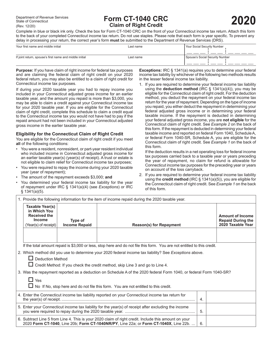 Form CT-1040 CRC Claim of Right Credit - Connecticut, Page 1