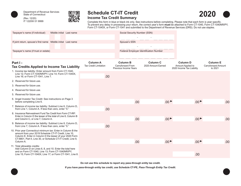 Schedule CT-IT CREDIT Income Tax Credit Summary - Connecticut, Page 1