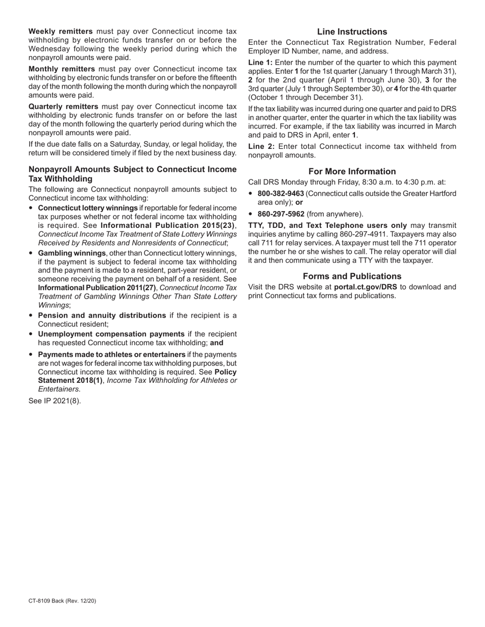 Form CT-8109 Connecticut Income Tax Withholding Payment Form for Nonpayroll Amounts - Connecticut, Page 2