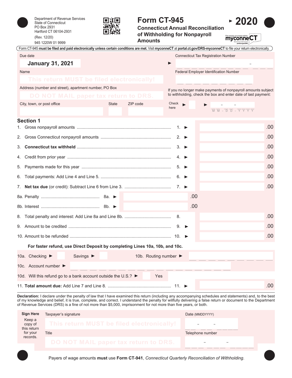 Form CT-945 Connecticut Annual Reconciliation of Withholding for Nonpayroll Amounts - Connecticut, Page 1