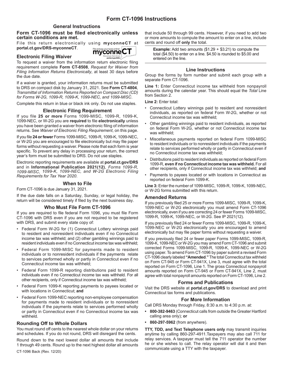 Form CT-1096 Connecticut Annual Summary and Transmittal of Information Returns - Connecticut, Page 2