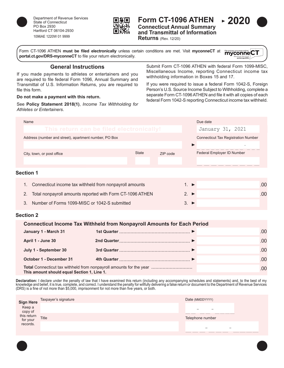 Form CT-1096 ATHEN Connecticut Annual Summary and Transmittal of Information Returns - Connecticut, Page 1