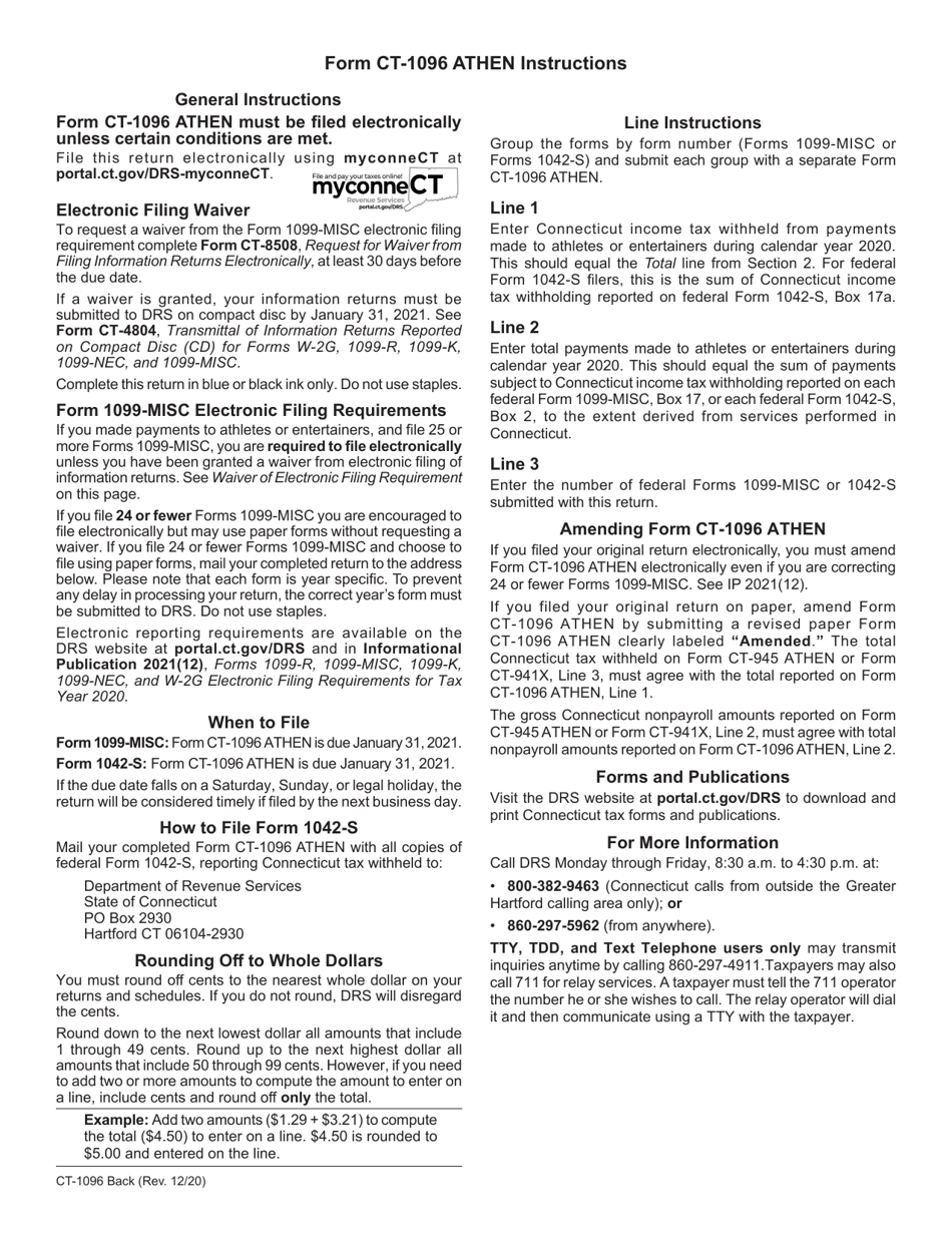 Form CT-1096 ATHEN Connecticut Annual Summary and Transmittal of Information Returns - Connecticut, Page 2