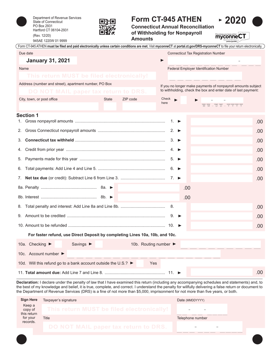 Form CT-945 ATHEN Connecticut Annual Reconciliation of Withholding for Nonpayroll Amounts - Connecticut, Page 1