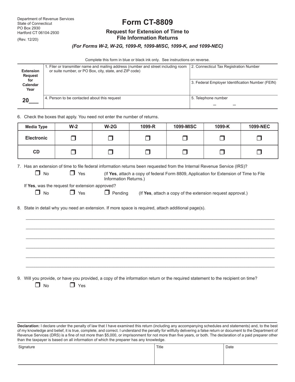 Form CT-8809 Request for Extension of Time to File Information Returns - Connecticut, Page 1