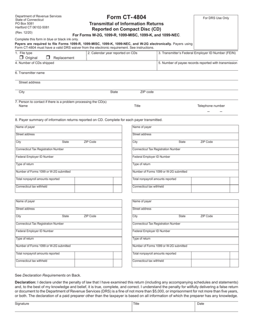 Form CT-4804 Transmittal of Information Returns Reported on Compact Disc (Cd) - Connecticut