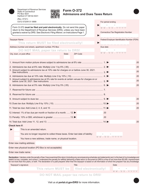 Form O-372 Admissions and Dues Taxes Return - Connecticut