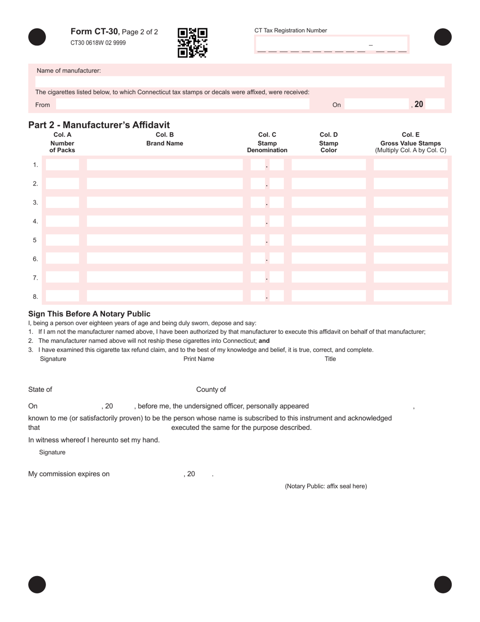 Form CT-30 Connecticut Cigarette Tax Refund Claim - Connecticut, Page 2