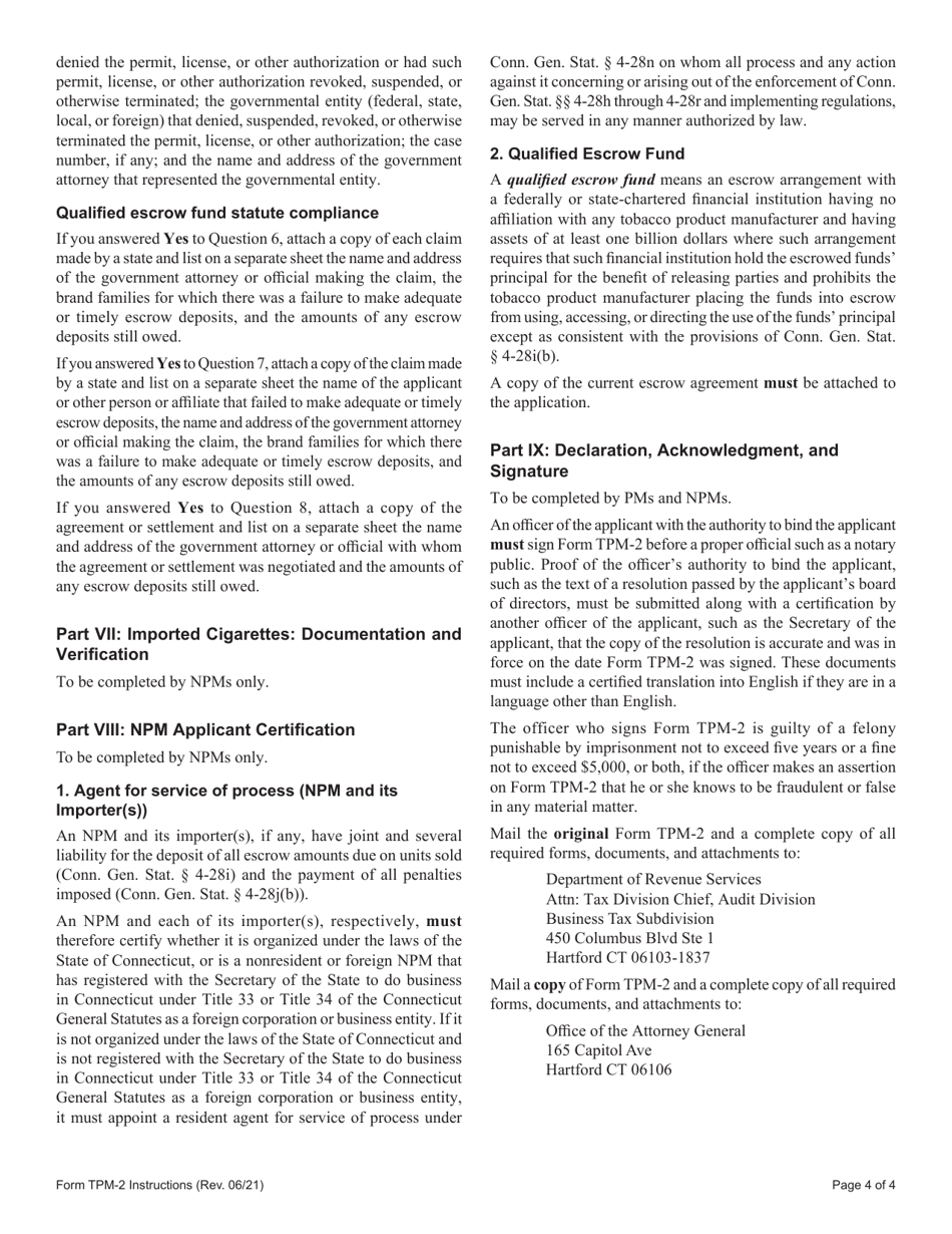 Instructions for Form TPM-2 Certification for Listing in the Connecticut Tobacco Directory as of July 1, 2021 - Connecticut, Page 4