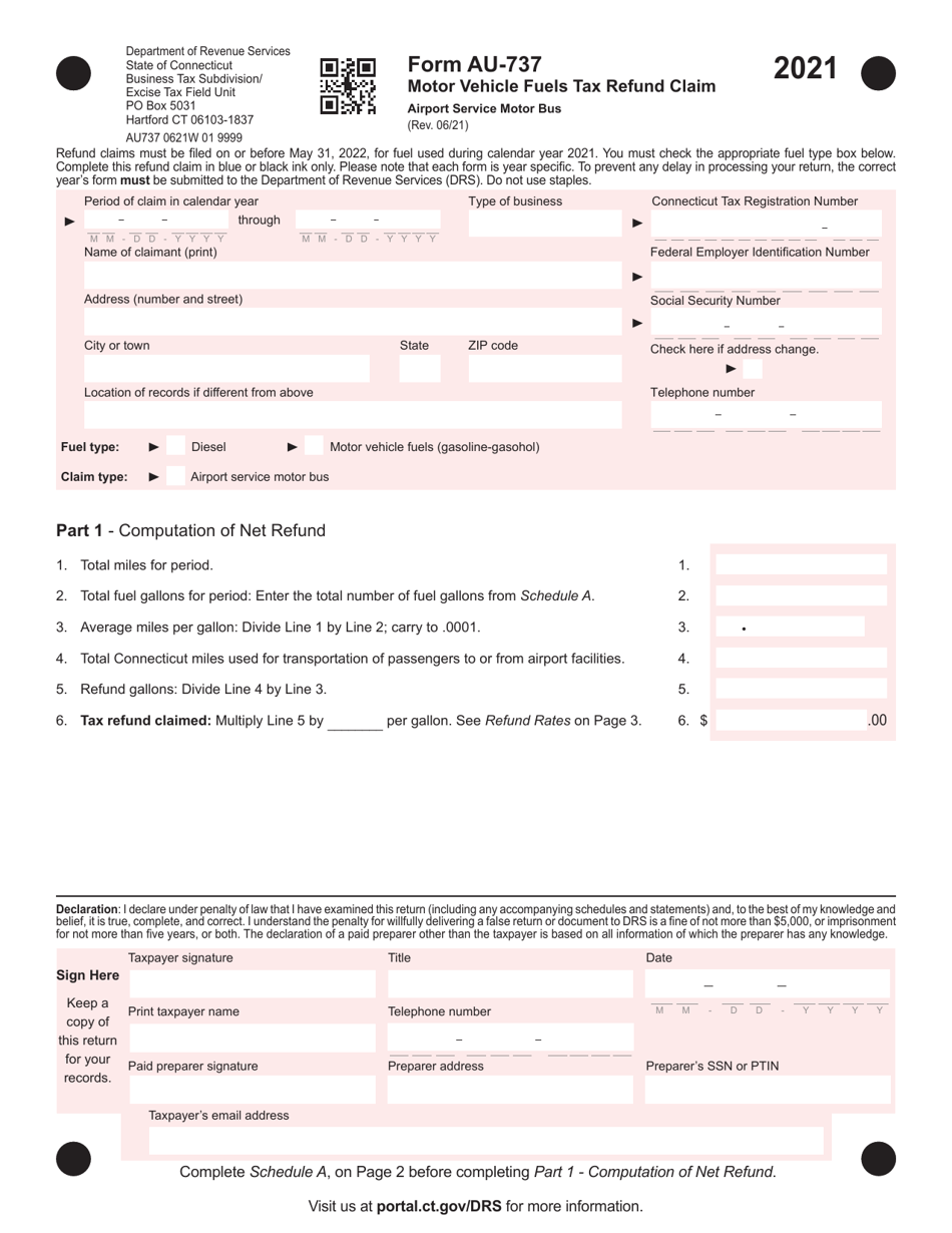 Form AU-737 Motor Vehicle Fuels Tax Refund Claim - Airport Service Motor Bus - Connecticut, Page 1