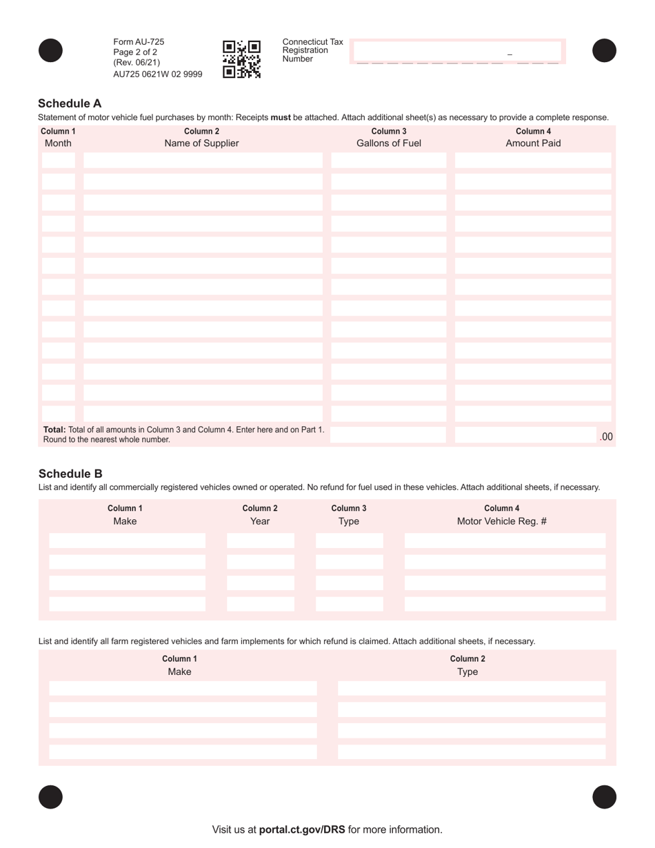 Form AU-725 Motor Vehicle Fuels Tax Refund Claim - Farm Use - Connecticut, Page 2