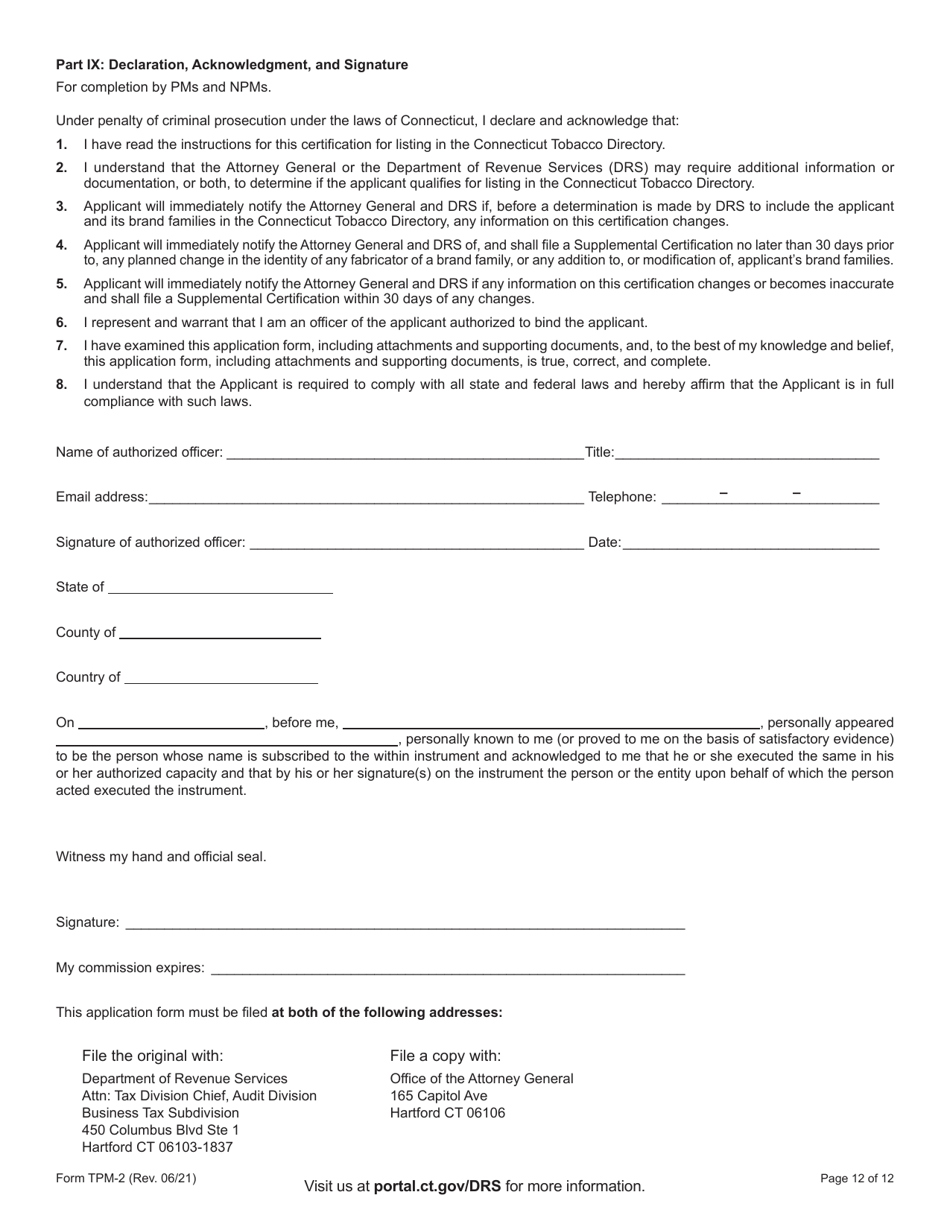 Form TPM-2 Certification for Listing in the Connecticut Tobacco Directory as of July 1, 2021 - Connecticut, Page 12
