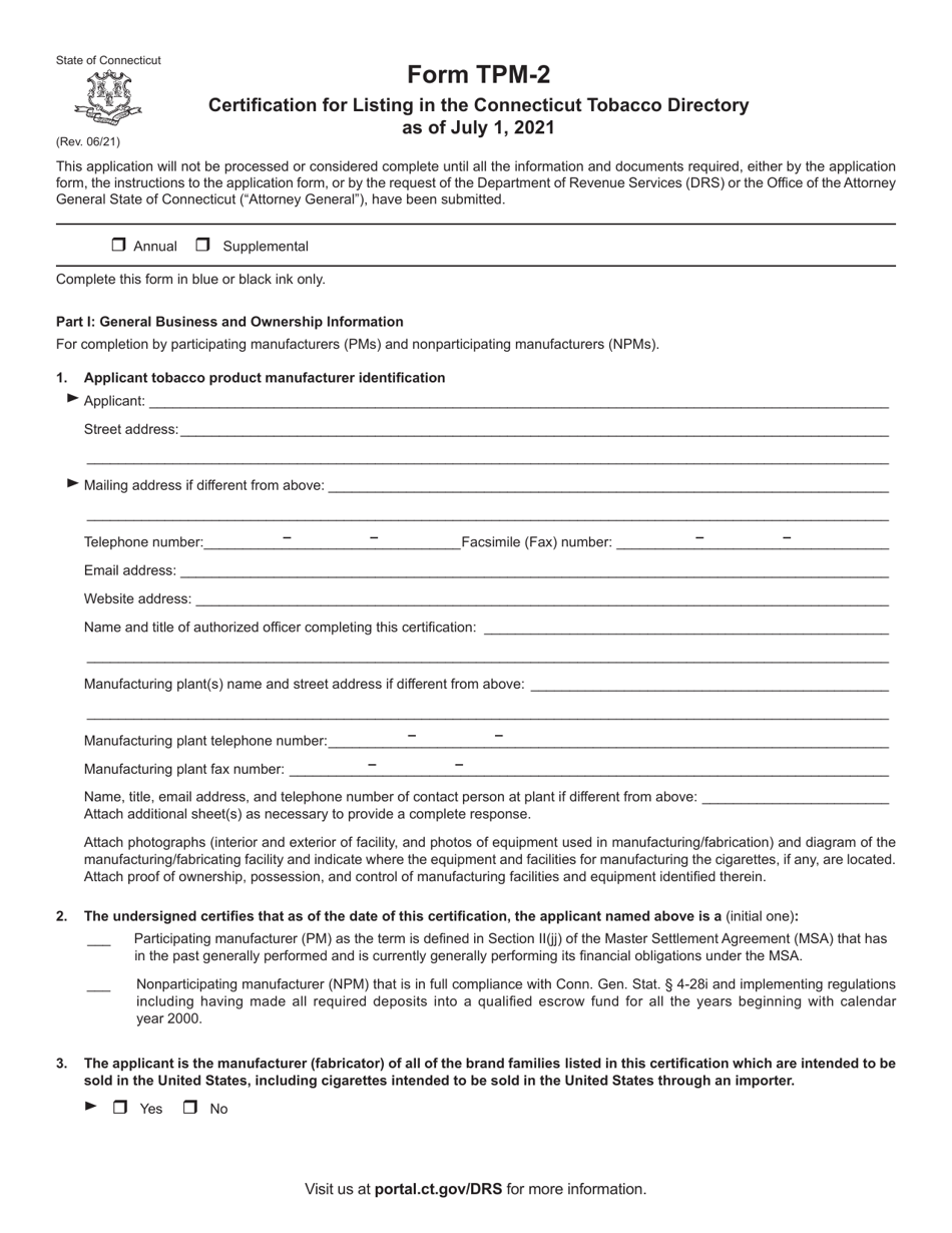 Form TPM-2 Certification for Listing in the Connecticut Tobacco Directory as of July 1, 2021 - Connecticut, Page 1