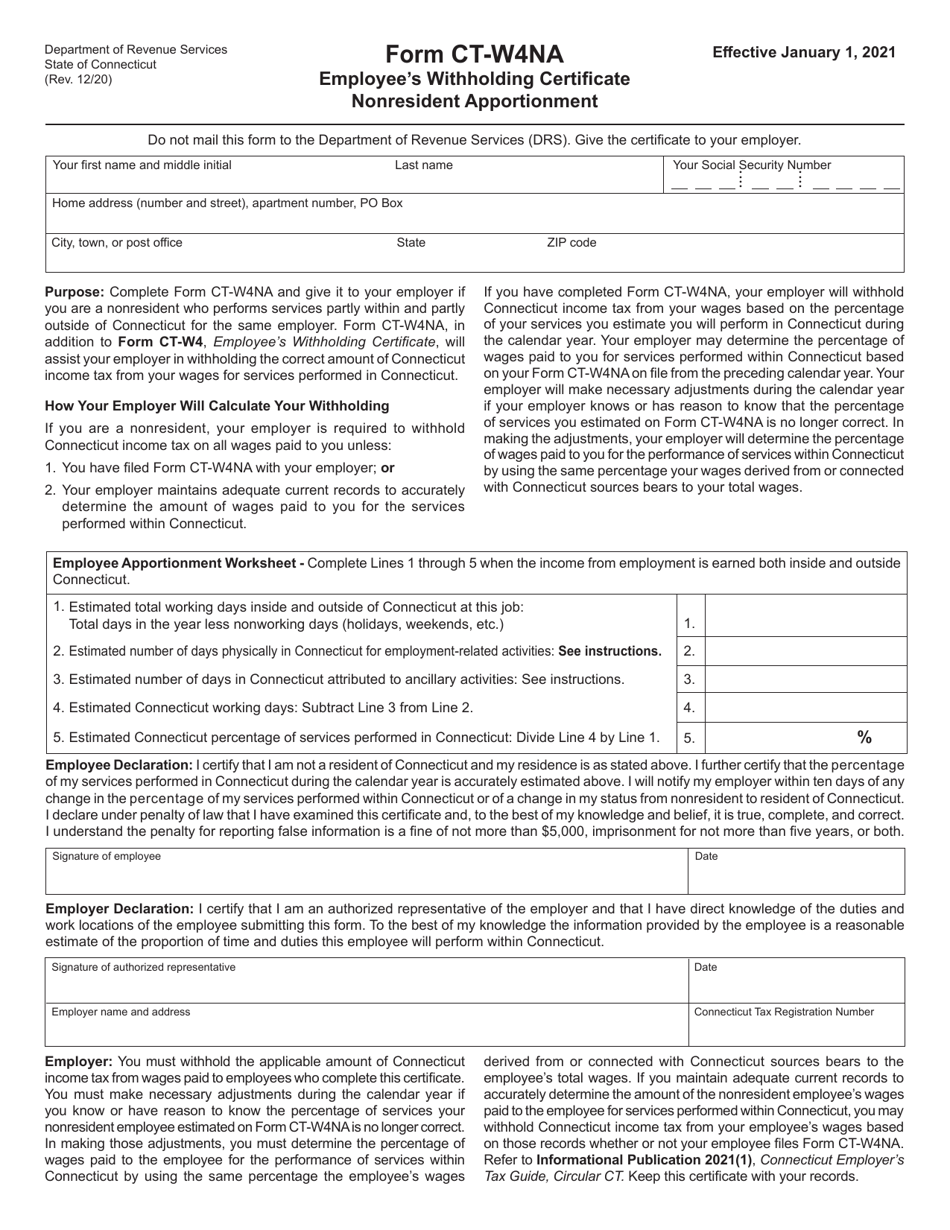 Form CT-W4NA Employees Withholding Certificate - Nonresident Apportionment - Connecticut, Page 1