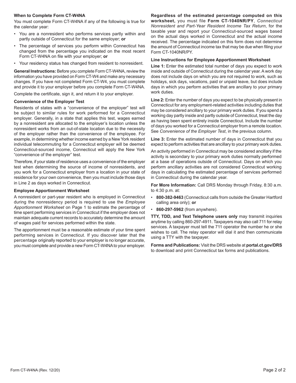 Form CT-W4NA Employees Withholding Certificate - Nonresident Apportionment - Connecticut, Page 2