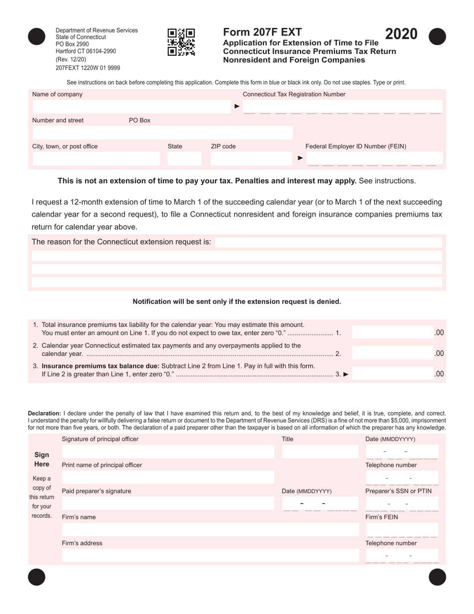 Form 207F EXT Application for Extension of Time to File Nonresident and Foreign Insurance Premiums Tax Return - Connecticut, Page 1