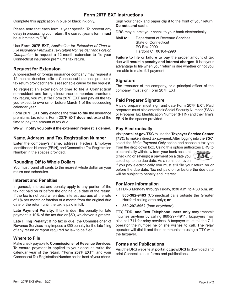 Form 207F EXT Application for Extension of Time to File Nonresident and Foreign Insurance Premiums Tax Return - Connecticut, Page 2