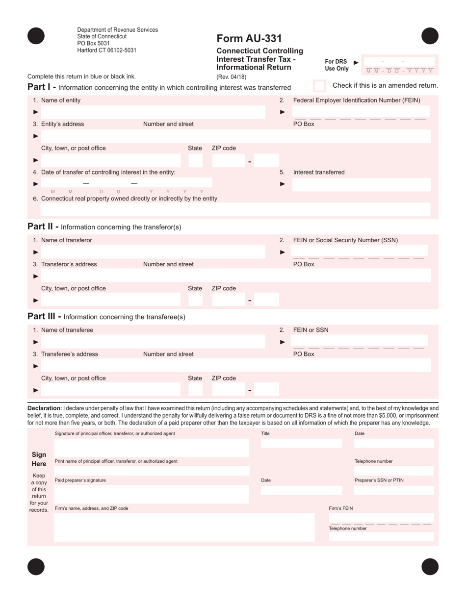 Form AU-331 Connecticut Controlling Interest Transfer Tax - Informational Return - Connecticut, Page 1