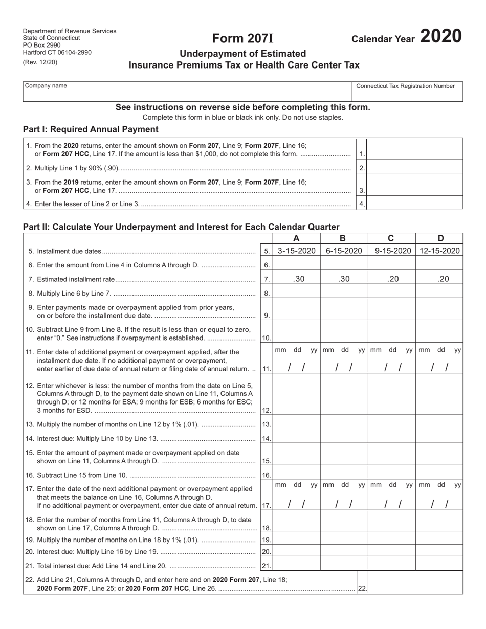 Form 207I Underpayment of Estimated Insurance Premiums Tax or Health Care Center Tax - Connecticut, Page 1
