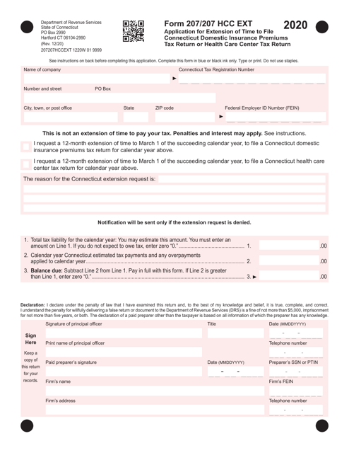 Form 207/207 HCC EXT Application for Extension of Time to File Connecticut Domestic Insurance Premiums Tax Return or Health Care Center Tax Return - Connecticut, 2020