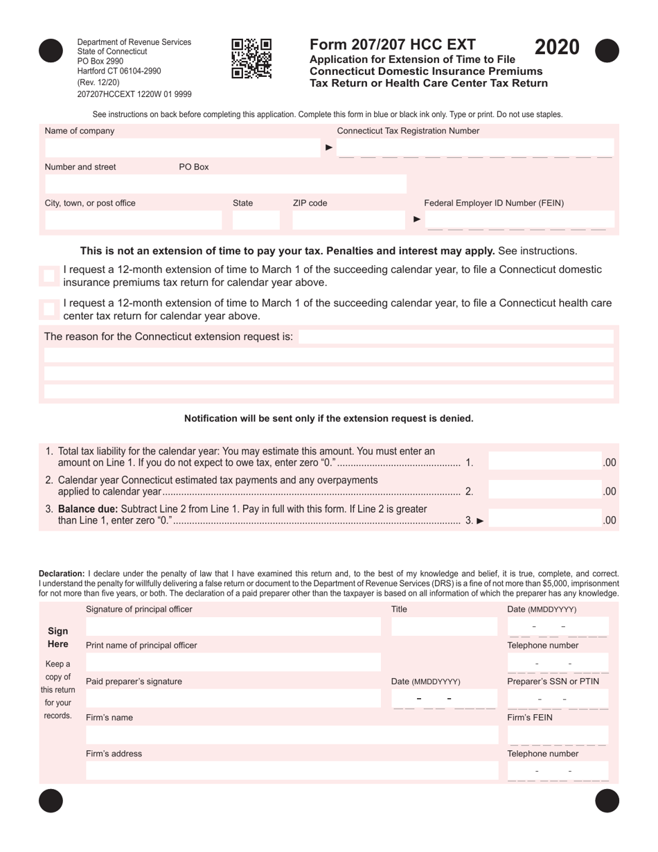 Form 207 / 207 HCC EXT Application for Extension of Time to File Connecticut Domestic Insurance Premiums Tax Return or Health Care Center Tax Return - Connecticut, Page 1