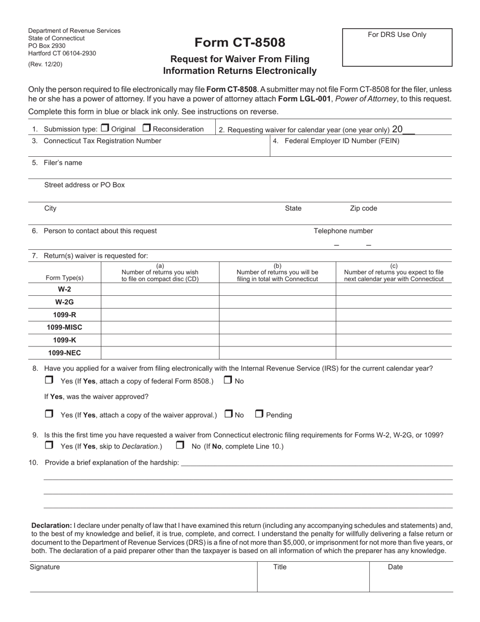 Form CT-8508 Request for Waiver From Filing Information Returns Electronically - Connecticut, Page 1