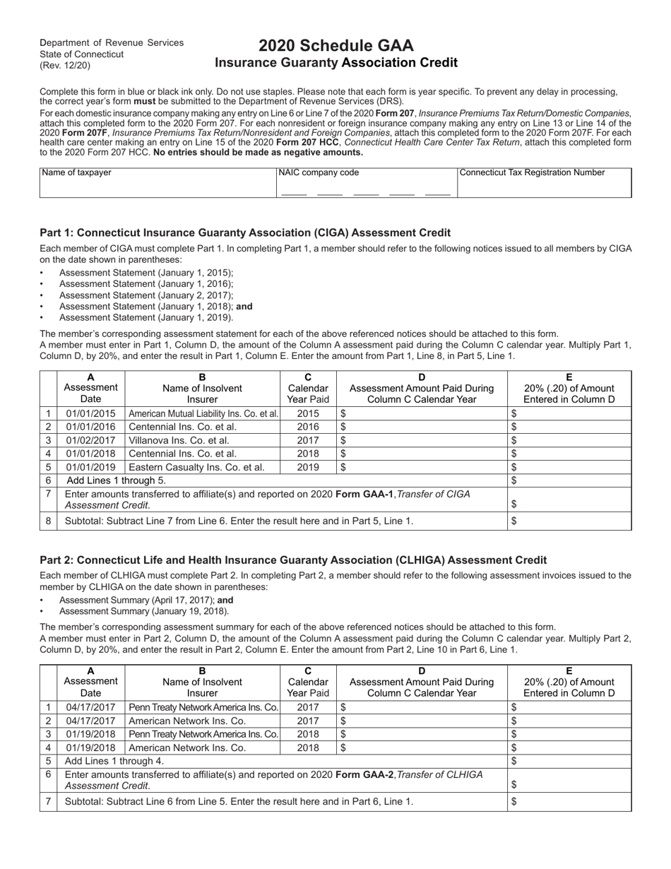 Schedule GAA Insurance Guaranty Association Credit - Connecticut, Page 1