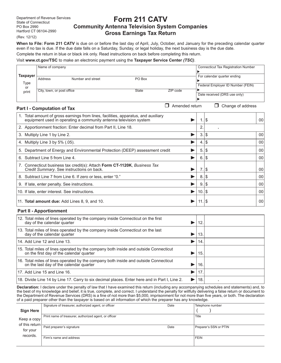 Form 211 CATV Community Antenna Television System Companies Gross Earnings Tax Return - Connecticut, Page 1